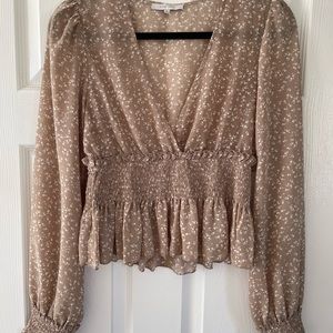 beige floral long sleeve sheer top